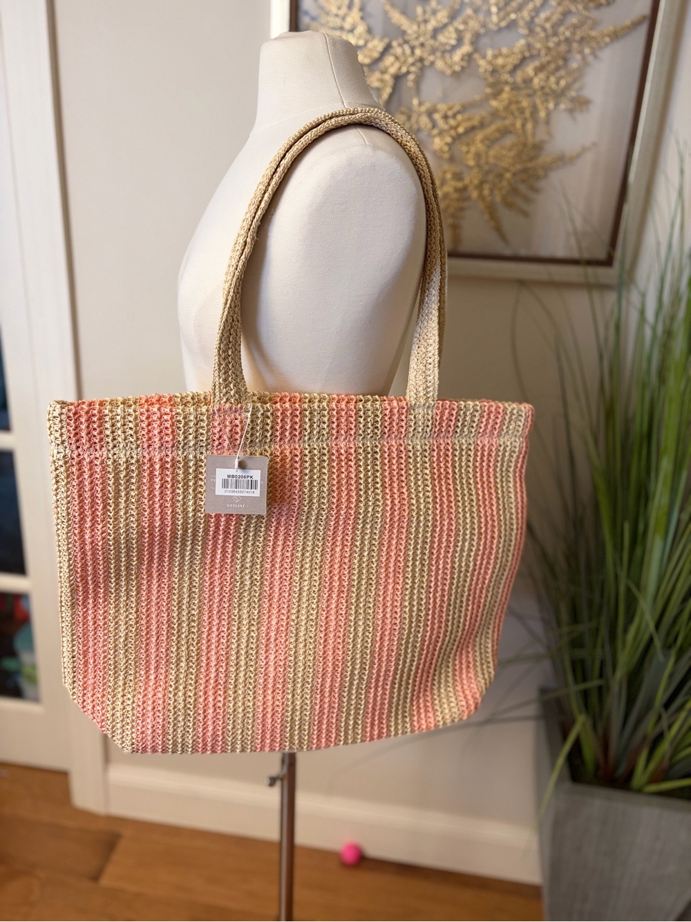 Striped Crochet Tote Bag in Pink & Cream
